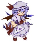  1girl bat_(animal) bat_wings blue_hair blue_vest blush_stickers bow ezier frilled_skirt frills hands_on_own_hips hat hat_ribbon highres mob_cap puffy_short_sleeves puffy_sleeves red_bow red_eyes red_footwear red_ribbon remilia_scarlet ribbon shirt shoes short_hair short_sleeves skirt solo standing tongue tongue_out touhou vest white_background white_headwear white_shirt white_skirt wings 