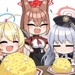  3girls :d ^_^ akari_(blue_archive) animal_ears black_coat blonde_hair blue_archive bow braid brown_hair chinese_clothes closed_eyes coat coat_on_shoulders commentary_request demon_girl demon_horns eating food fox_ears fox_girl fried_rice grey_hair hair_between_eyes hair_bow hair_ribbon halo hand_on_own_cheek hand_on_own_face hand_on_own_hip haruna_(blue_archive) hat holding holding_spoon horns id_card long_hair long_sleeves looking_at_another multiple_girls o_(rakkasei) open_clothes open_coat peaked_cap plate ribbon rumi_(blue_archive) school_uniform sidelocks simple_background single_braid smile spoon table white_background 
