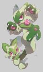  absurdres artist_name floragato grey_background highres looking_at_viewer nullma open_mouth pokemon pokemon_(creature) signature simple_background sprigatito 