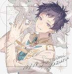  1boy blue_hair buttons character_name commentary_request dark_blue_hair dated ensemble_stars! flower fushimi_yuzuru gloves long_sleeves looking_at_viewer male_focus rice_(rice8p) rose short_bangs short_hair smile solo star_(symbol) upper_body violet_eyes white_flower white_gloves white_rose 