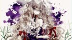  1girl 7mmx_t blonde_hair bow grass hair_bow highres long_hair looking_at_viewer paint_splatter painting_(medium) red_bow solo touhou traditional_media violet_eyes white_background yakumo_yukari 