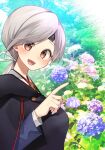  1girl blazer blue_jacket blush brown_eyes chitose_(kancolle) flower grey_hair hair_ribbon highres hydrangea jacket kantai_collection katsuobushi_(eba_games) long_hair long_sleeves open_mouth pink_flower pointing ponytail purple_flower raincoat ribbon smile solo white_ribbon 