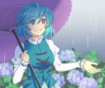  1girl :d blue_eyes blurry blurry_background commentary cross-laced_clothes flower grey_sky heterochromia highres holding holding_umbrella hydrangea kogasa_day long_sleeves looking_at_viewer nayozane_(worker7) open_mouth outdoors purple_umbrella rain red_eyes short_hair sky smile solo tatara_kogasa touhou umbrella upper_body 