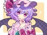  1girl bat_wings blush border bow chestnut_mouth commentary dress frilled_dress frilled_sleeves frills gem hair_between_eyes hat hat_bow head_tilt looking_at_viewer mob_cap open_mouth pink_dress pink_hair pink_headwear polka_dot raised_eyebrows red_bow red_eyes remilia_scarlet short_hair star_(symbol) symbol-only_commentary tareme touhou tsugomori_(remilia0398) upper_body white_border wings yellow_background 