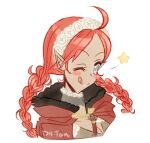  1girl ahoge blue_eyes braid deviled_hearts fire_emblem fire_emblem_fates long_hair low_twin_braids nina_(fire_emblem) one_eye_closed parted_bangs pointy_ears portrait redhead solo star_(symbol) tongue tongue_out twin_braids 