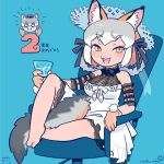  animal_ears anniversary barefoot belt chair cup dress extra_ears fox_ears fox_girl fox_tail gloves grey_hair hat highres holding holding_cup inada_roku island_fox_(kemono_friends) kanihai kemono_friends kemono_friends_v_project long_hair looking_at_viewer open_mouth orange_hair ribbon simple_background sundress tail virtual_youtuber yellow_eyes 