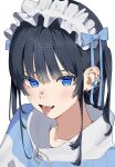  1girl :p black_hair blue_bow blue_eyes blunt_bangs bow butterfly_earrings chain_earrings cropped_torso earrings fang frilled_headwear highres jacket jewelry looking_at_viewer maid_headdress mashiro_kta original short_twintails sidelocks tongue tongue_out twintails white_background zipper 
