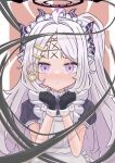  1girl ahoge apron black_gloves blue_archive blush closed_mouth demon_girl demon_horns expeddddd forehead gloves hair_ornament halo hands_up highres hina_(blue_archive) horns maid maid_apron maid_headdress solo tic-tac-toe violet_eyes white_hair 