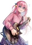  1girl absurdres black_skirt blue_eyes blush bocchi_the_rock! cowboy_shot cube_hair_ornament electric_guitar flying_sweatdrops gotou_hitori guitar hair_between_eyes hair_ornament highres holding holding_instrument instrument jacket long_hair long_sleeves music one_side_up open_mouth pink_hair pink_jacket playing_instrument pleated_skirt shaded_face simple_background skirt solo suama_(suama-333) track_jacket white_background 