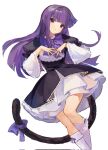  1girl black_dress black_tail blunt_bangs bow cat_tail dress dress_bow feet_out_of_frame frederica_bernkastel frilled_dress frilled_sleeves frills highres hime_cut layered_dress long_hair puffy_sleeves purple_bow purple_hair saechi_(lnyn248329) sidelocks simple_background socks solo tail tail_bow tail_ornament umineko_no_naku_koro_ni violet_eyes white_background white_socks wide_sleeves 