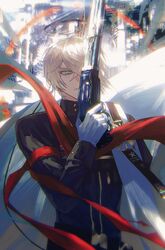  1boy absurdres aheng arknights black_jacket blue_eyes closed_mouth commentary_request executor_(arknights) gloves grey_hair gun hair_between_eyes halo hand_up highres holding holding_gun holding_weapon jacket long_sleeves looking_at_viewer male_focus solo upper_body v-shaped_eyebrows weapon weapon_request white_gloves 