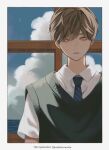  1boy absurdres blue_sky brown_hair closed_mouth clouds cognacbear collared_shirt crescent_moon day expressionless facing_viewer highres looking_to_the_side male_focus moon ocean original outline school_uniform shirt short_sleeves sky sweater_vest white_outline white_shirt window 