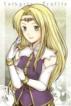  1girl blonde_hair breasts circlet closed_mouth crystal_earth elbow_gloves gloves green_eyes highres jewelry long_hair mystina_(valkyrie_profile) smile solo valkyrie_profile_(series) 