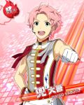  1boy ahoge blue_eyes card_(medium) character_name clenched_hand gloves hand_on_own_hip headset idol idolmaster idolmaster_side-m kabuto_daigo male_focus official_alternate_costume official_art open_mouth pink_hair sleeveless smile solo teeth upper_teeth_only white_gloves 