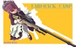  1girl alternate_costume bolt_action brown_hair enmaided garter_straps gun holding holding_gun holding_weapon jagi_(jagi_souken) maid maid_headdress nail_polish on_one_knee rifle simple_background sniper_rifle solo thigh-highs toki_ayano weapon yellow_eyes yurucamp 