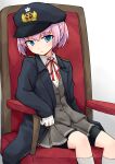  1girl adapted_costume bike_shorts bike_shorts_under_skirt black_headwear black_shorts blue_coat blue_eyes chair coat collared_shirt dress_shirt epaulettes gloves grey_skirt grey_vest hat kakizaki_(chou_neji) kantai_collection looking_at_viewer peaked_cap pink_hair pleated_skirt ponytail school_uniform shiranui_(kancolle) shirt short_hair short_ponytail shorts shorts_under_skirt simple_background skirt socks solo vest white_background white_gloves white_shirt white_socks 