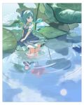  1girl absurdres ahoge artist_name blue_bow blue_dress blue_eyes blue_hair bow cirno closed_mouth collared_shirt detached_wings dress fairy hair_bow highres ice ice_wings leaf longwatry pinafore_dress shirt short_hair short_sleeves sitting sleeveless sleeveless_dress soaking_feet solo touhou water white_shirt wings 