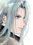  1boy aqua_eyes armor black_jacket closed_mouth facing_to_the_side final_fantasy final_fantasy_vii final_fantasy_vii_remake grey_hair high_collar highres jacket long_bangs long_hair maki_haruki male_focus parted_bangs portrait sephiroth shoulder_armor slit_pupils smile solo twitter_username upper_body white_background 