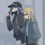  2girls ahoge alternate_costume baseball_cap black_headwear black_jacket black_shirt black_skirt blonde_hair blue_hair blush bocchi_the_rock! choker closed_mouth earrings glasses hair_down hand_in_pocket hand_up hat holding_hands ijichi_nijika jacket jewelry long_hair long_sleeves looking_at_viewer mask mask_pull mole mole_under_eye mouth_mask multiple_girls neck_tattoo open_clothes open_jacket pants red_eyes ree_(re-19) removing_eyewear shirt short_hair sidelocks skirt stud_earrings tattoo turtleneck upper_body white_pants white_shirt yamada_ryou yellow_eyes yuri 