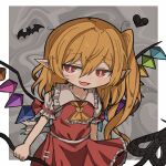  1girl ascot bat_(animal) blonde_hair collared_dress dress flandre_scarlet frilled_dress frills grey_background heart highres holding holding_stick long_hair looking_at_viewer outline red_dress red_eyes short_sleeves solo stick touhou upper_body white_outline zunusama 