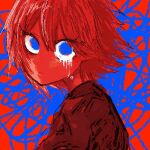  1girl akaya_(na_ve_1) black_sweater blue_background blue_eyes closed_mouth colored_skin dripping_eye from_side hair_between_eyes highres looking_at_viewer looking_to_the_side original portrait red_background red_skin red_theme redhead scribble short_hair solo sweater tears 