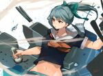  1girl black_shirt bow brown_eyes cannon green_bow grey_hair hair_bow highres kantai_collection long_hair looking_to_the_side machinery midriff navel ponytail sailor_collar school_uniform serafuku shirt solo sunday_aki turret upper_body white_sailor_collar yuubari_(kancolle) 