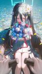  1girl absurdly_long_hair aris_(blue_archive) black_hair blue_archive blue_eyes boat bouquet flower hair_flower hair_ornament hairband halo highres holding holding_bouquet long_hair one_side_up pov pov_hands school_uniform shirt sitting smile solo very_long_hair wakum water watercraft white_shirt 