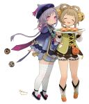  2girls :d absurdres artist_name bead_necklace beads bell boots bow-shaped_hair brown_hair closed_eyes coin_purse commentary_request dated flower full_body genshin_impact grey_hair hair_bell hair_ornament hat highres holding holding_plate jewelry jiangshi_costume koebushi_(mat) long_hair long_sleeves looking_at_viewer lotus multiple_girls necklace plate pom_pom_(clothes) qing_guanmao qiqi_(genshin_impact) shorts simple_background skindentation smile standing thigh-highs violet_eyes white_background white_thighhighs yaoyao_(genshin_impact) 