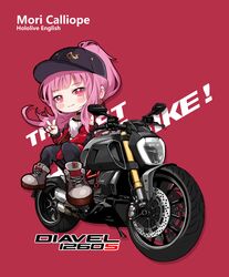  1girl absurdres baseball_cap black_pants blush character_name chibi copyright_name ducati english_text grey_footwear hat highres hololive hololive_english jacket long_hair looking_at_viewer mori_calliope mori_calliope_(2nd_costume) motor_vehicle motorcycle multicolored_clothes multicolored_jacket official_alternate_costume on_motorcycle pants pink_hair ponytail red_background red_eyes shoes sitting smile sneakers solo track_pants two-tone_jacket v virtual_youtuber yoyoko707 