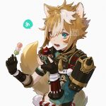  1boy animal_ears aqua_eyes armor artist_name asymmetrical_sleeves black_gloves black_shirt blonde_hair cake commentary_request dango dog_boy dog_ears eyeshadow fang fingerless_gloves food fruit genshin_impact gloves gorou_(genshin_impact) hair_between_eyes hands_up holding holding_food long_sleeves looking_at_viewer makeup male_focus multicolored_hair open_mouth pink_eyeshadow puffy_long_sleeves puffy_sleeves ribbon rowya shirt short_hair short_sleeves shoulder_armor simple_background solo speech_bubble standing strawberry sweatdrop tassel teeth tongue two-tone_hair v-shaped_eyebrows wagashi watermark white_background white_hair yellow_ribbon 