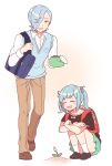  aicedrop alternate_costume backpack bag blue_hair brother_and_sister bud fire_emblem fire_emblem_fates midori_(fire_emblem) open_mouth school_uniform shigure_(fire_emblem) short_twintails siblings smile squatting twintails 