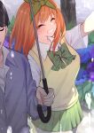  1boy 1girl ^_^ absurdres arm_up black_hair blue_shirt blush bow bowtie breasts closed_eyes collared_shirt commentary_request cowboy_shot flower go-toubun_no_hanayome green_ribbon green_skirt grin hair_ribbon happy highres holding holding_umbrella large_breasts long_hair nakano_yotsuba orange_hair outdoors pleated_skirt rain ribbon school_uniform shirt short_sleeves skirt smile standing sweater tamago_sando tree uesugi_fuutarou umbrella white_shirt yellow_sweater 