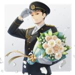  1boy bouquet brown_eyes facial_hair flower gloves grey_background hakozume:_kouban_joshi_no_gyakushuu hand_up holding holding_flower long_sleeves looking_at_viewer male_focus michino_(81097636) necktie petals sakuma_(hakozume) solo standing stubble uniform white_gloves white_necktie 