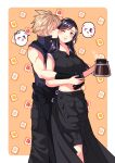  1boy 1girl ;&gt; apron babigonice bare_arms bare_shoulders black_apron black_gloves black_hair black_shorts black_vest blonde_hair blue_eyes blush border breasts closed_eyes closed_mouth cloud_strife coffee_pot commentary_request couple crop_top final_fantasy final_fantasy_vii final_fantasy_vii_advent_children food gloves hair_behind_ear heart high_collar highres holding hug hug_from_behind kiss kissing_cheek large_breasts long_hair looking_at_viewer midriff navel one_eye_closed outside_border red_eyes ribbed_shirt shirt short_hair shorts smile speech_bubble spiky_hair standing swept_bangs tank_top tifa_lockhart toast vest waist_apron white_border white_tank_top zipper 