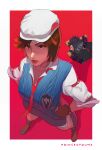  absurdres breasts brown_hair collared_shirt dutch_angle fingerless_gloves gloves hand_on_own_hip hat highres kazama_asuka king_(tekken) large_breasts lips lipstick makeup necktie princeofduma raised_eyebrow shirt short_hair sleeves_rolled_up sweater_vest tekken white_shirt 