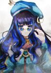  1girl absurdres atorie_noelu_24 bare_shoulders beret black_hair blue-tinted_eyewear blue_eyes blue_hair colored_inner_hair fate/grand_order fate_(series) green_headwear green_jacket hat highres jacket jewelry long_hair long_sleeves looking_at_viewer looking_over_eyewear multicolored_hair neck_ring off_shoulder round_eyewear simple_background solo sunglasses tenochtitlan_(fate) tenochtitlan_(second_ascension)_(fate) tinted_eyewear upper_body wavy_hair white_background zipper 