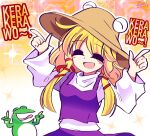  1girl :d blonde_hair brown_headwear closed_eyes commentary dated facing_viewer frog highres index_finger_raised long_sleeves medium_hair moriya_suwako open_mouth orange_background purple_vest rhythm_pagi sidelocks signature smile touhou turtleneck upper_body vest 