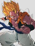  1boy abs blonde_hair clenched_teeth dragon_ball dragon_ball_z gogeta green_eyes grey_background kemachiku male_focus muscular muscular_male pants short_hair simple_background super_saiyan teeth white_pants 