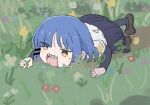  1girl blue_hair bocchi_the_rock! chibi crawling dorarin eating flower grass highres school_uniform sharp_teeth shimokitazawa_high_school_uniform solo teeth yamada_ryou yellow_eyes 