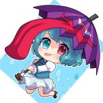  1girl aqua_hair aqua_skirt aqua_vest blue_eyes blush closed_mouth full_body geta heterochromia highres juliet_sleeves karakasa_obake kogasa_day long_sleeves puffy_sleeves red_eyes shirt short_hair skirt smile solo tatara_kogasa tongue tongue_out touhou umbrella white_shirt yuki_10825 