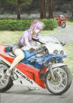  1girl alternate_costume highres honda motor_vehicle motorcycle patchouli_knowledge red_pond solo tagme touhou traditional_media 