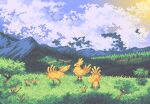  animal_focus beak bird blue_eyes chocobo clouds english_commentary feathers field final_fantasy forest grass house jrchair98 landscape mountain nature pixel_art scenery signature tail_feathers trail tree yellow_feathers 