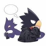  2boys black_hoodie blank_thought_bubble boku_no_hero_academia cellphone closed_mouth dark_shadow highres holding holding_phone hood hood_down hoodie long_sleeves looking_at_another male_focus multiple_boys nbmtyr own_hands_together phone red_eyes simple_background smartphone thought_bubble tokoyami_fumikage twitter_username upper_body white_background 