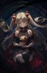  1girl absurdres black_dress black_jacket black_thighhighs blonde_hair cotta_(heleif) dark_background dress ereshkigal_(fate) fate/grand_order fate_(series) flower hair_ribbon halterneck highres holding holding_skull jacket looking_down off_shoulder parted_lips red_flower red_rose ribbon rose skull smile solo thigh-highs twintails yellow_eyes 