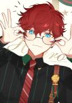  1boy absurdres adjusting_eyewear aleo amagi_hiiro artist_name bespectacled blue_eyes blush character_name closed_mouth collared_shirt commentary dated earrings ensemble_stars! glasses highres hoop_earrings jewelry keito_lecture_(ensemble_stars!) long_sleeves looking_at_viewer male_focus necktie notice_lines official_alternate_costume red_necktie redhead shirt short_hair single_earring solo star_(symbol) striped striped_necktie striped_shirt suspenders symbol-only_commentary upper_body vertical-striped_shirt vertical_stripes 