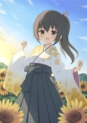  1girl :d black_hakama blue_sky blush brown_eyes brown_hair clouds commission cowboy_shot cowlick dot_nose floral_print hair_between_eyes hakama hakama_skirt hands_up high-waist_skirt highres japanese_clothes kimono long_bangs long_hair long_sleeves morning mountain open_mouth original ponytail print_kimono sidelocks skeb_commission skirt sky smile solo sunrise tyakomes variant_set white_kimono wide_sleeves 