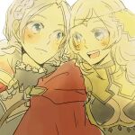  2girls blue_eyes breasts capelet circlet closed_mouth donkuma_kakusei fire_emblem fire_emblem_fates hairband looking_at_another medium_breasts multiple_girls nina_(fire_emblem) ophelia_(fire_emblem) parted_bangs red_capelet smile swept_bangs teeth turtleneck upper_teeth_only 
