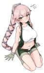  1girl absurdres alternate_costume boots breasts brown_eyes full_body gloves green_shorts green_vest grey_footwear grey_gloves hair_flaps hair_ribbon highres kantai_collection large_breasts long_hair maru_(marg0613) midriff navel one-hour_drawing_challenge pink_hair ponytail ribbon shorts simple_background sitting solo tank_top twitter_username very_long_hair vest wariza white_background white_tank_top yura_(kancolle) 