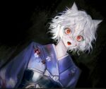  1other androgynous animal_ears blood blood_on_face blue_kimono cat_ears curly_hair hunter_x_hunter japanese_clothes kimono looking_at_viewer n0g_nog neferpitou obi other_focus red_eyes sash short_hair solo upper_body white_hair 