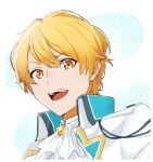  1boy 3nobu_nob ascot blonde_hair collared_shirt commentary_request gradient_hair highres looking_at_viewer male_focus multicolored_hair open_collar open_mouth orange_eyes orange_hair portrait project_sekai shirt short_hair solo teeth tenma_tsukasa upper_teeth_only 